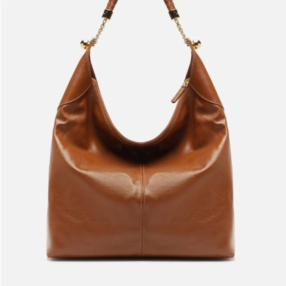 Women's Hobo Bag, Caramel Leather, Large, Brown Braided Strap, Arezzo